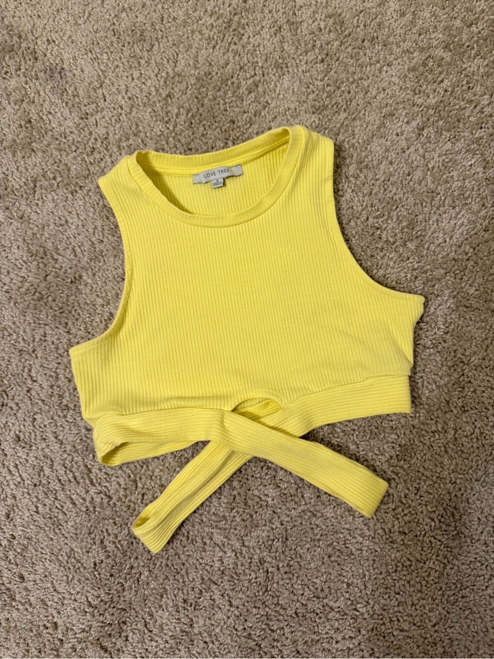 Love Tree Yellow Ribbed Tie-Front Crop Tank, Small
